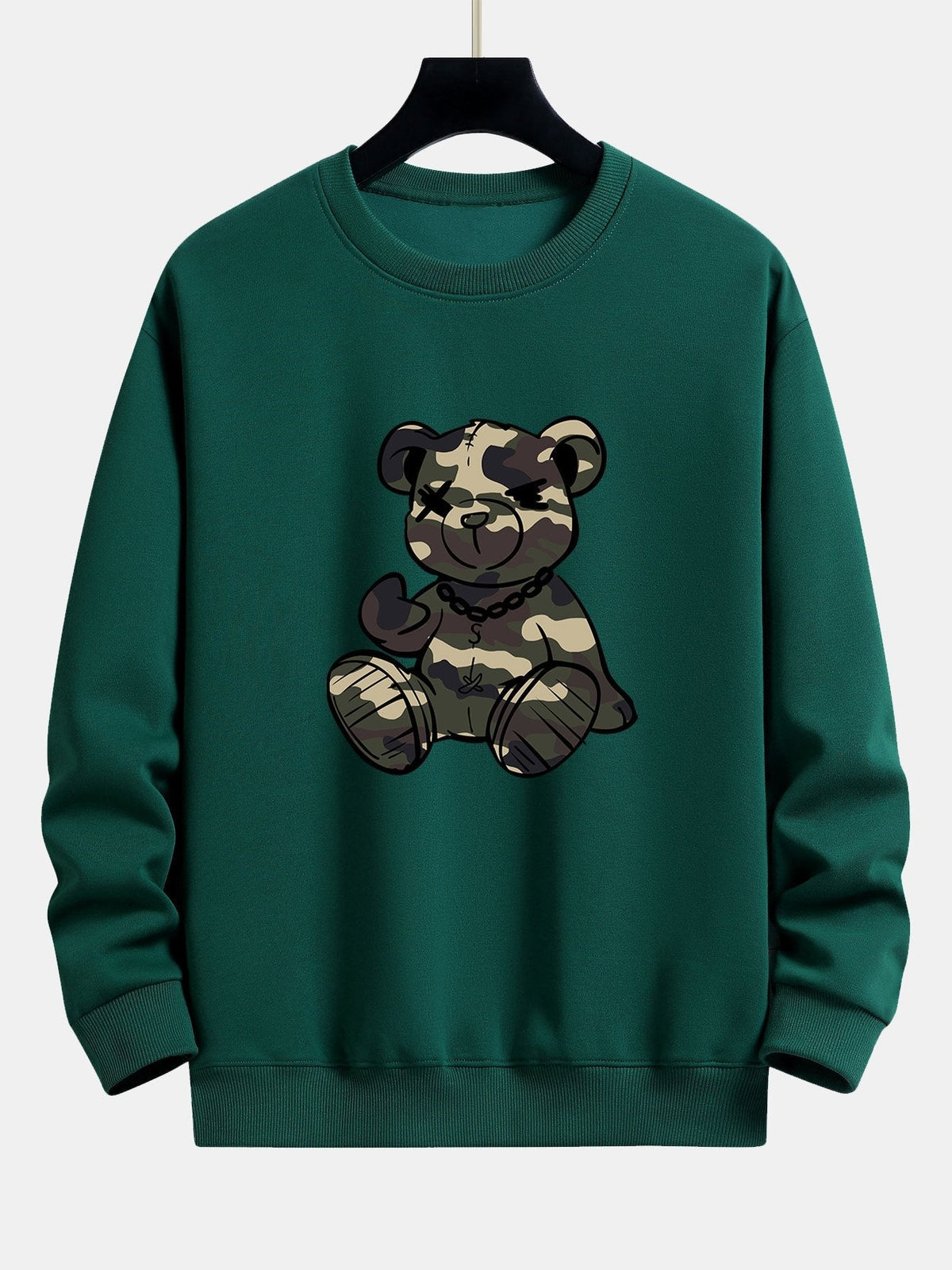 Men's Camouflage Teddy Bear Graphic Sweatshirt in dark green, Relaxed Fit