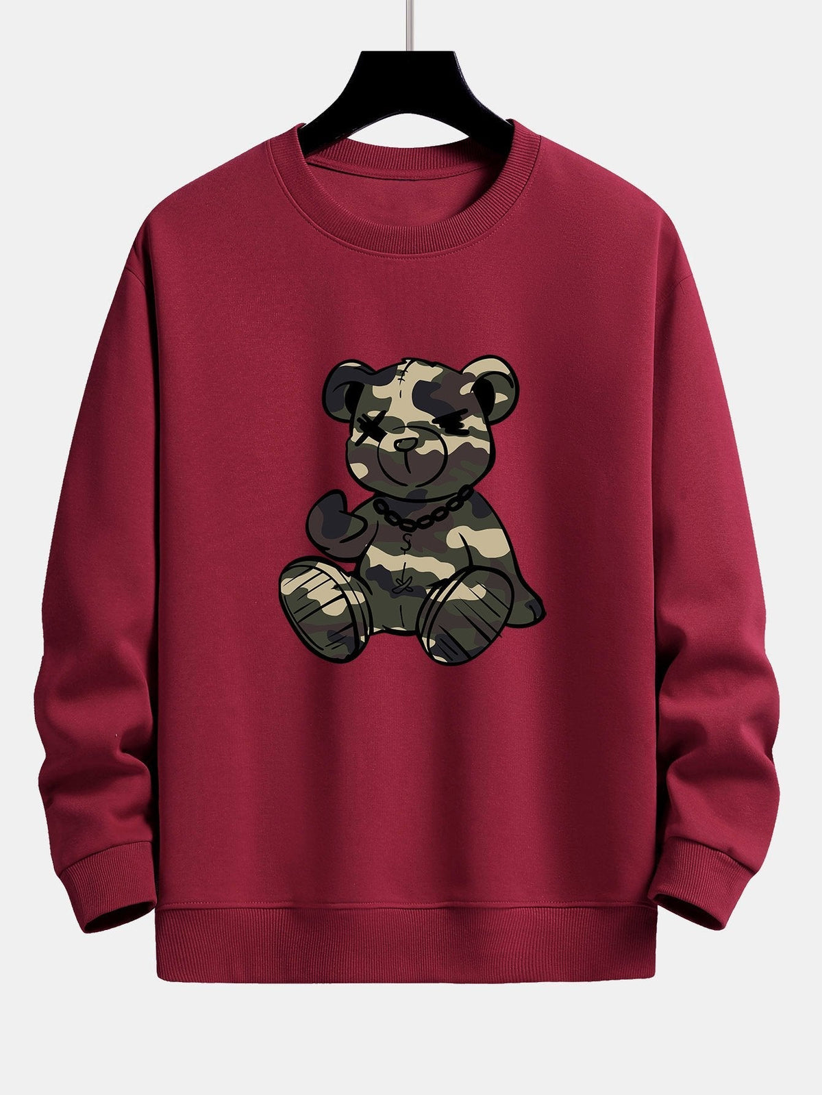 Men's Camouflage Teddy Bear Graphic Sweatshirt in wine red, Relaxed Fit