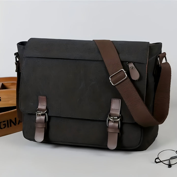 Men's Canvas Shoulder Bag - Durable Commuter Messenger with Multiple P - Black