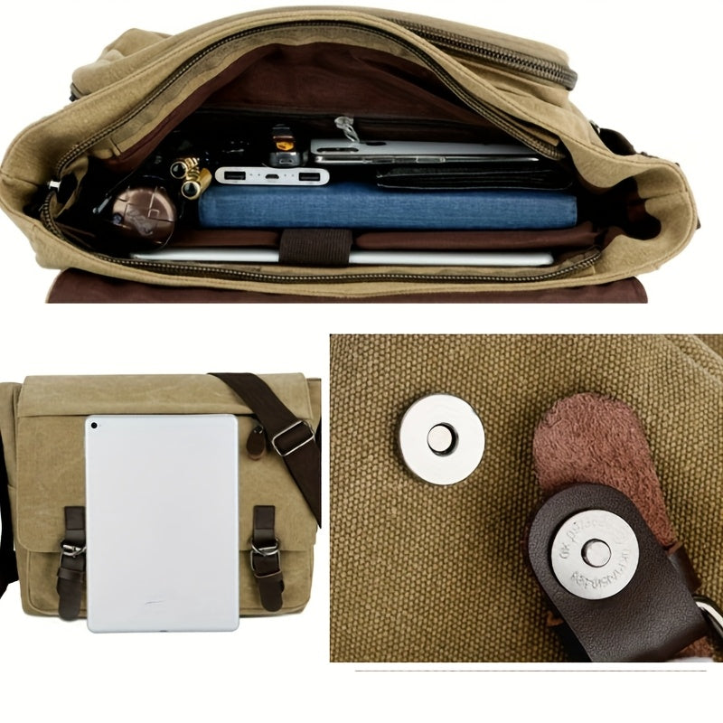 Men's Canvas Shoulder Bag - Durable Commuter Messenger with Multiple P