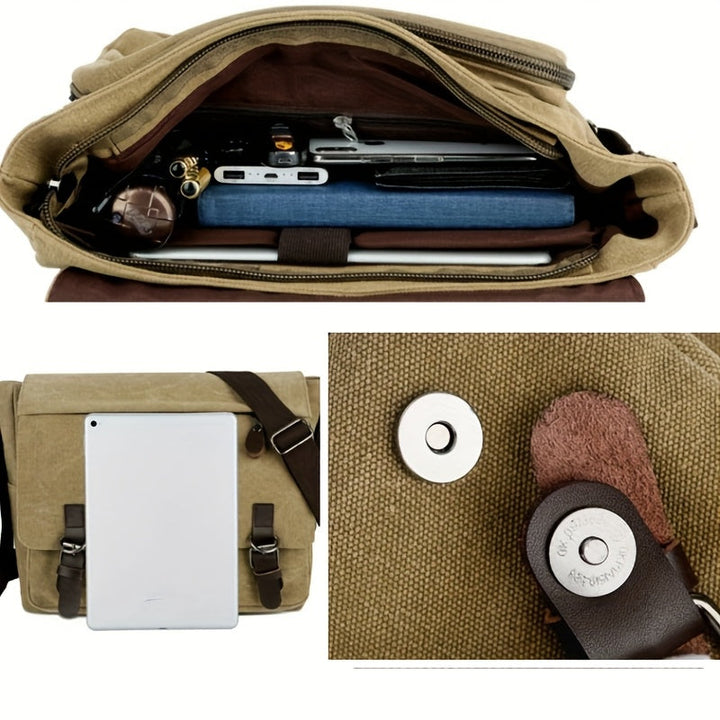 Men's Canvas Shoulder Bag - Durable Commuter Messenger with Multiple P