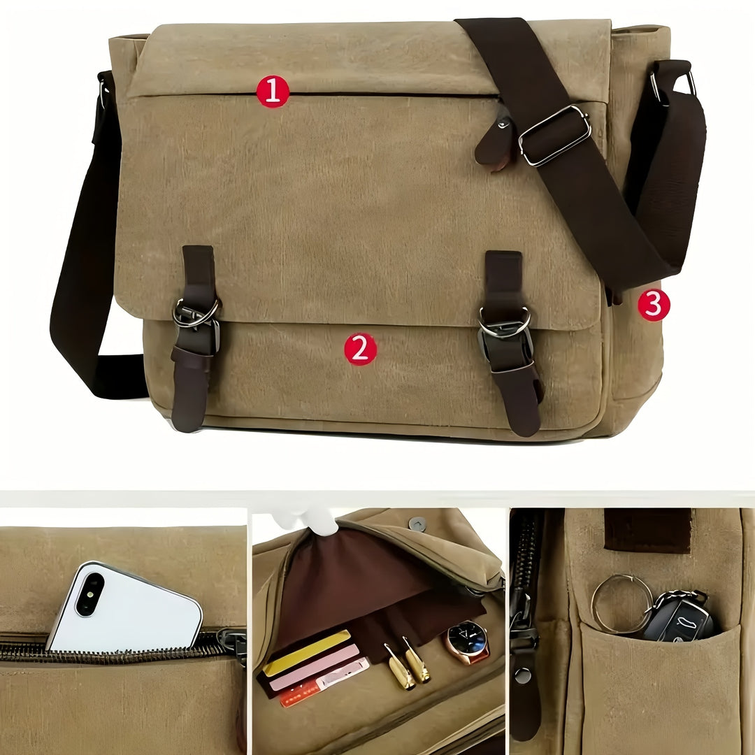 Men's Canvas Shoulder Bag - Durable Commuter Messenger with Multiple P