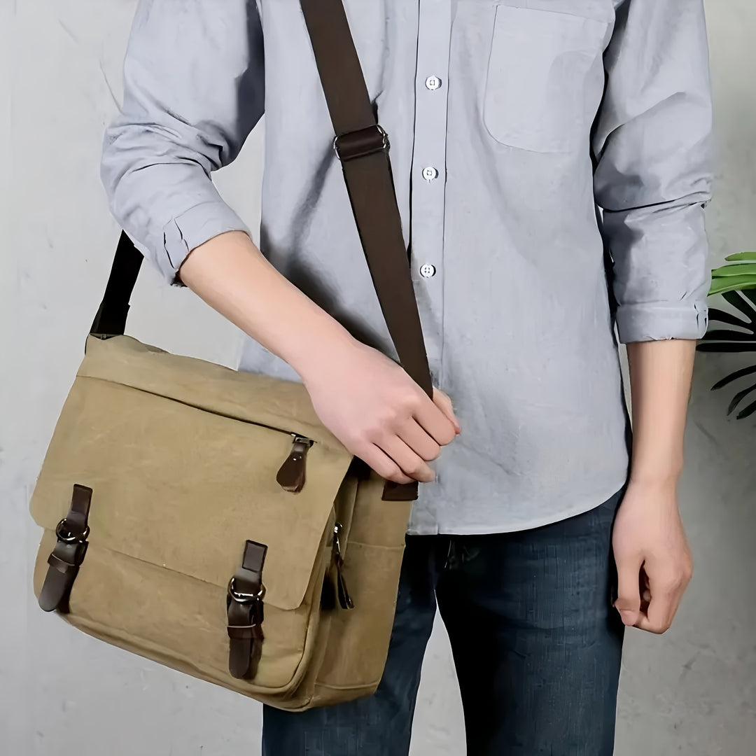 Men's Canvas Shoulder Bag - Durable Commuter Messenger with Multiple P