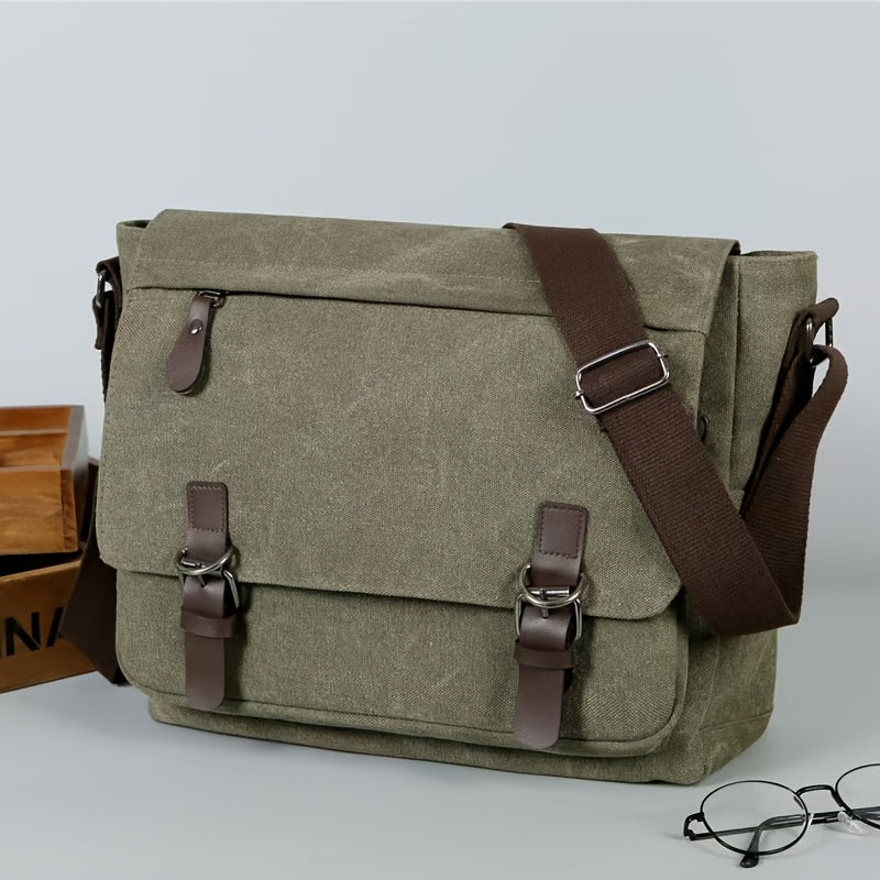 Men's Canvas Shoulder Bag - Durable Commuter Messenger with Multiple P - Green
