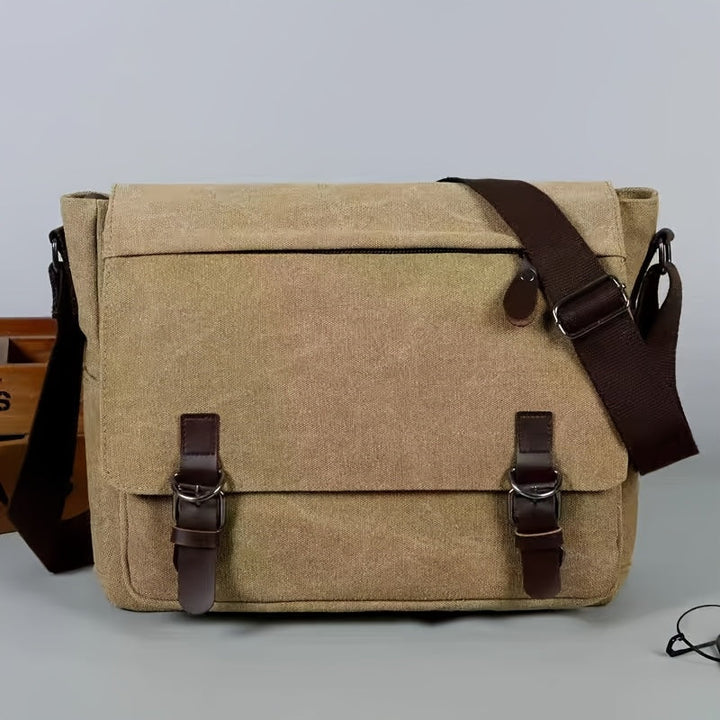 Men's Canvas Shoulder Bag - Durable Commuter Messenger with Multiple P - Khaki