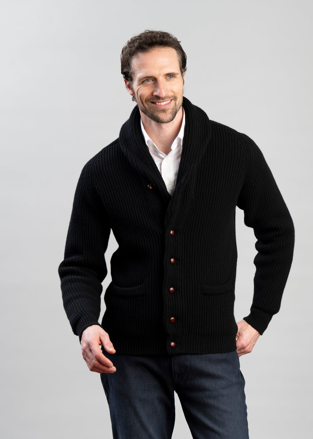 Men's Cardigan with Button Closure - Classic Ribbed Knit - Black