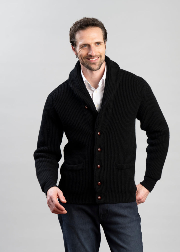 Men's Cardigan with Button Closure - Classic Ribbed Knit - Black
