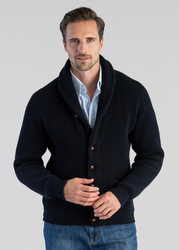 Men's Cardigan with Button Closure - Classic Ribbed Knit - Blue