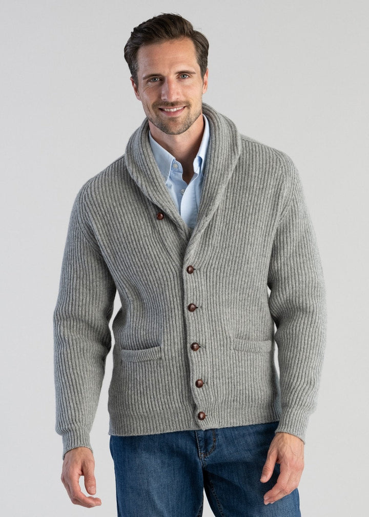 Men's Cardigan with Button Closure - Classic Ribbed Knit - Grey