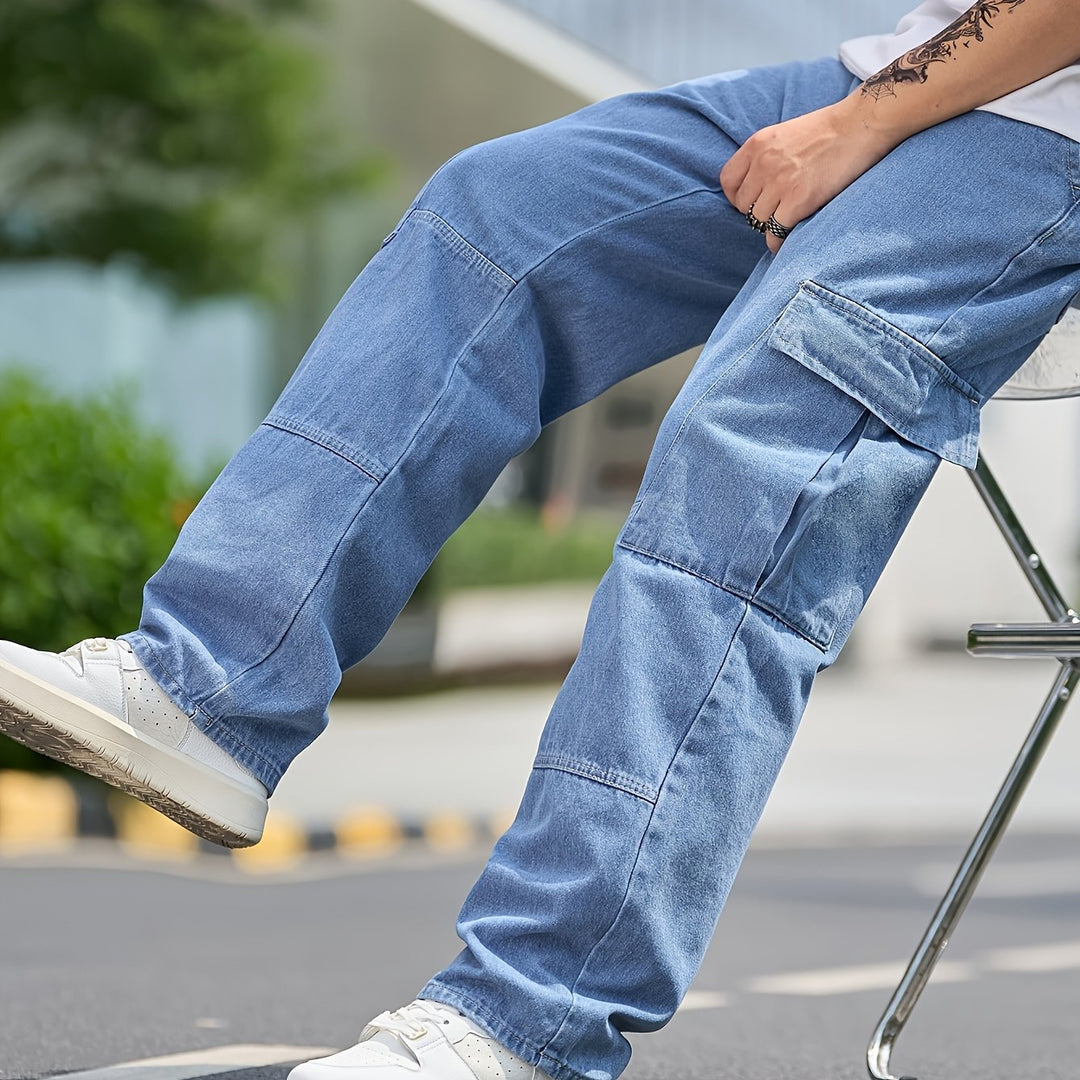 Men's Cargo Denim Pants - Relaxed Fit Multiple Pockets - Blue