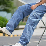 Men's Cargo Denim Pants - Relaxed Fit Multiple Pockets - Blue
