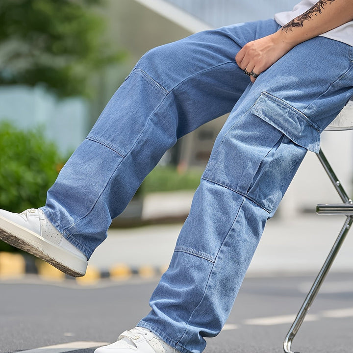 Men's Cargo Denim Pants - Relaxed Fit Multiple Pockets - Blue