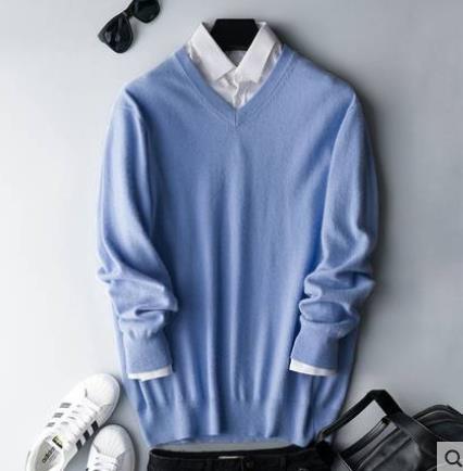 Men's Cashmere Crew Neck Sweater - Classic Knit - Light Blue 2