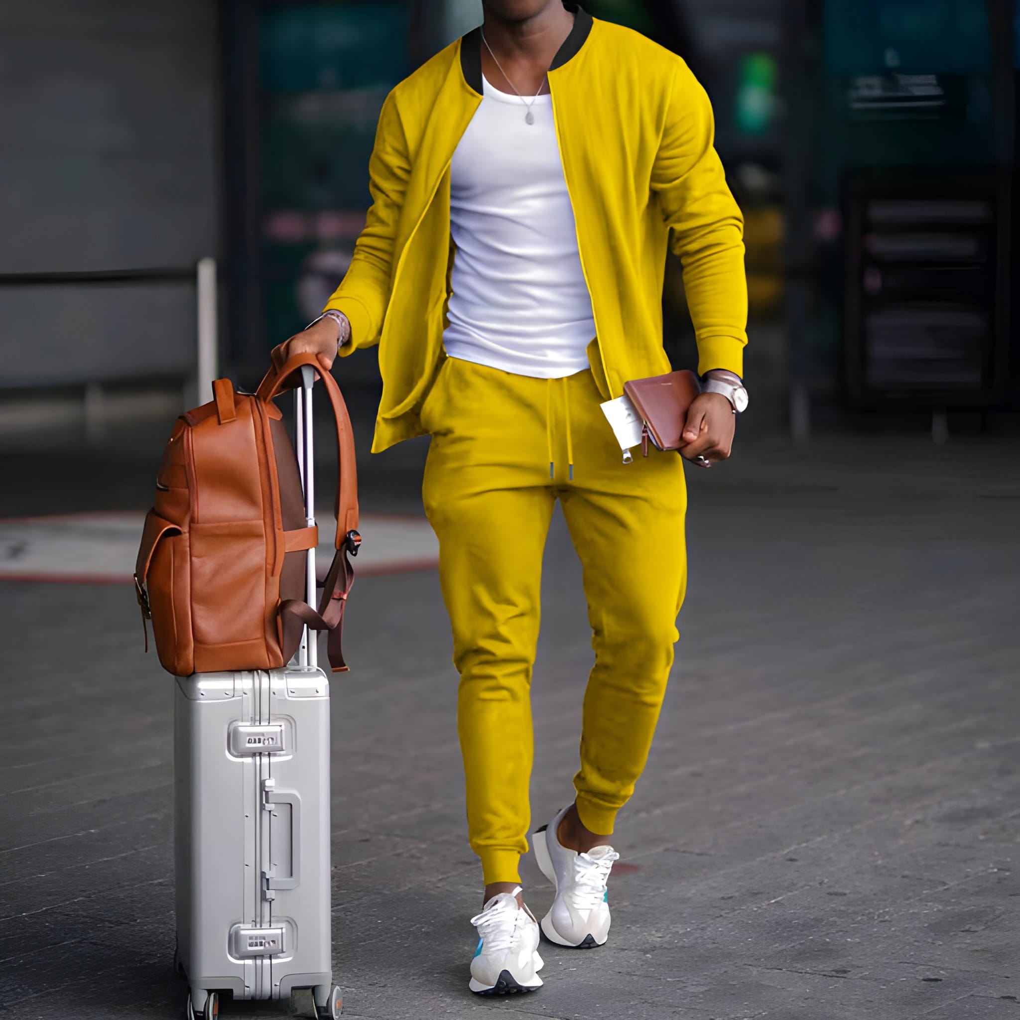 Men's Casual Two-Piece Travel Set - Versatile Jacket & Trousers - Yellow