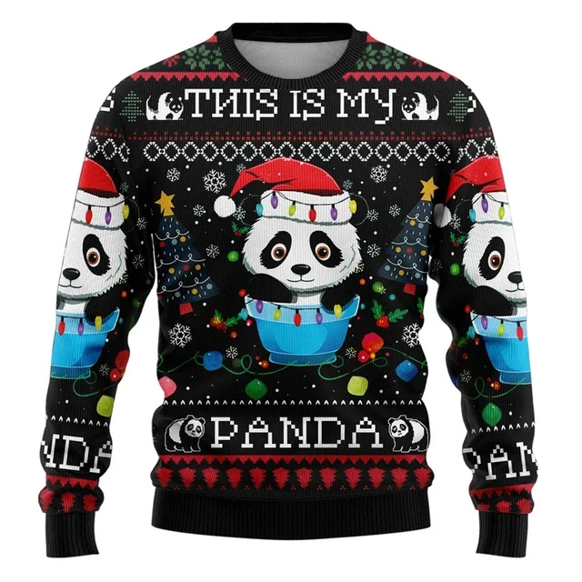 Men's Christmas Sweater with Reindeer and Festive Lights Design - Black-White