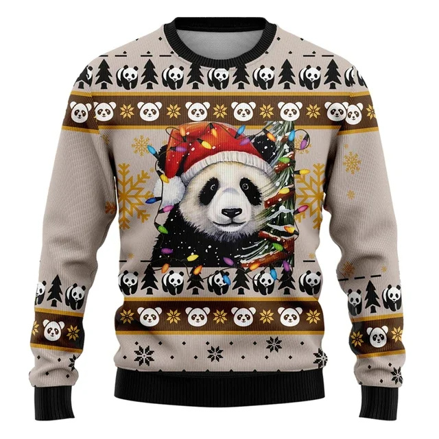 Men's Christmas Sweater with Reindeer and Festive Lights Design - Brown
