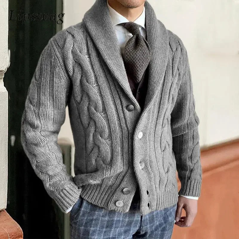 Men's Chunky Knit Cardigan Vest - Cable Knit Shawl Collar - Grey