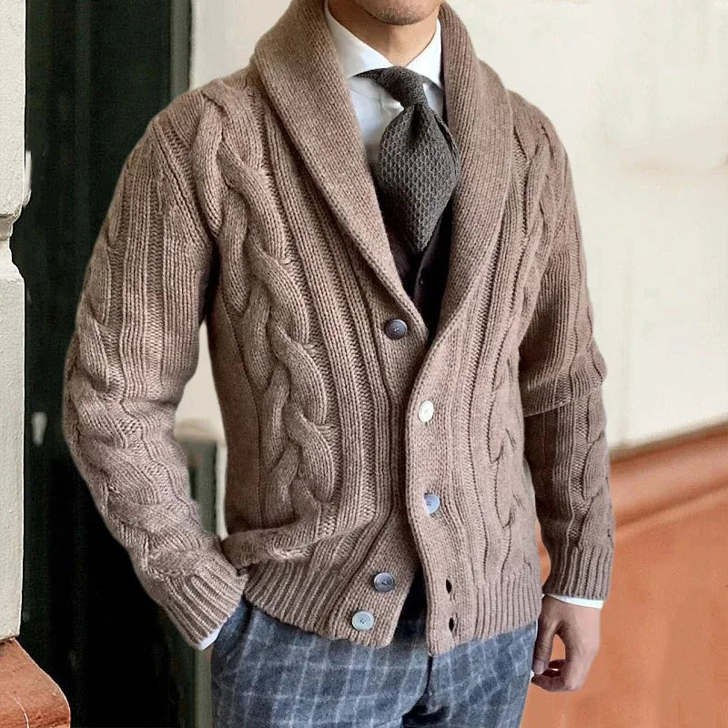 Men's Chunky Knit Cardigan Vest - Cable Knit Shawl Collar - Khaki