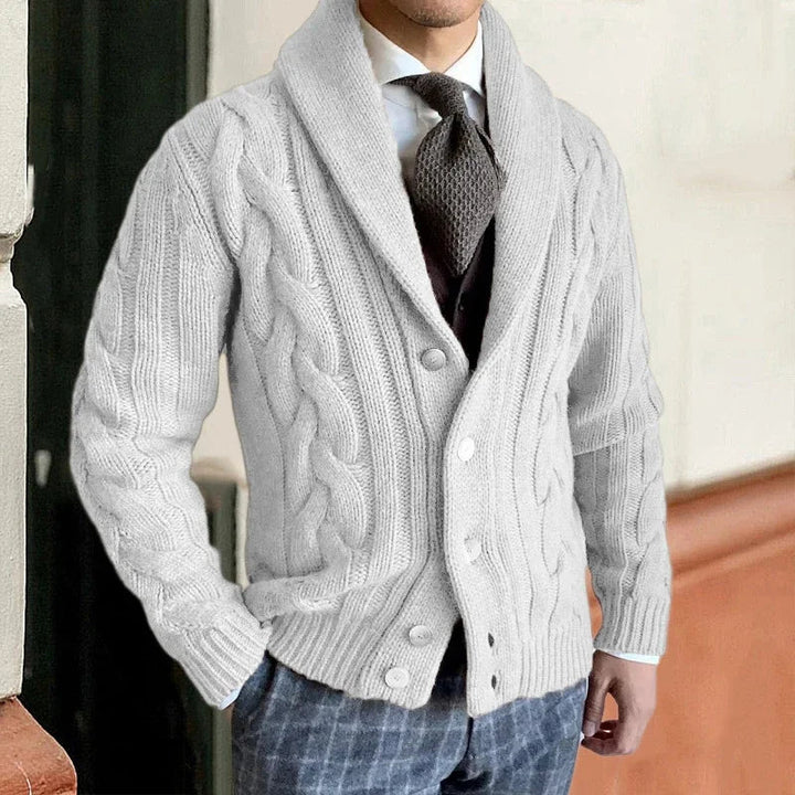 Men's Chunky Knit Cardigan Vest - Cable Knit Shawl Collar - White