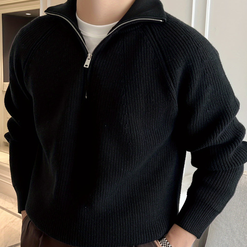 Men's Chunky Knit Half-Zip Sweater - Classic Raglan - Black