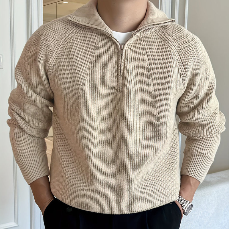 Men's Chunky Knit Half-Zip Sweater - Classic Raglan - Khaki