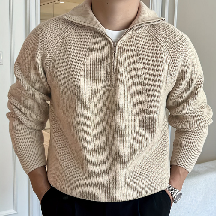 Men's Chunky Knit Half-Zip Sweater - Classic Raglan - Khaki