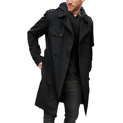 Men's Classic Trench Coat with Notch Lapels and Belt - Black