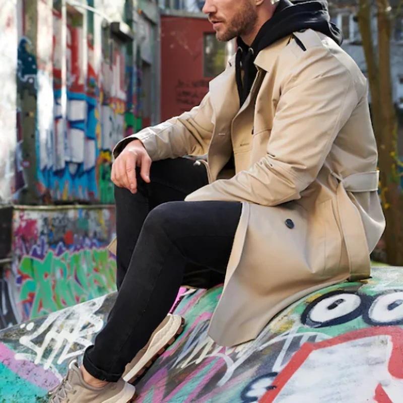 Men's Classic Trench Coat with Notch Lapels and Belt