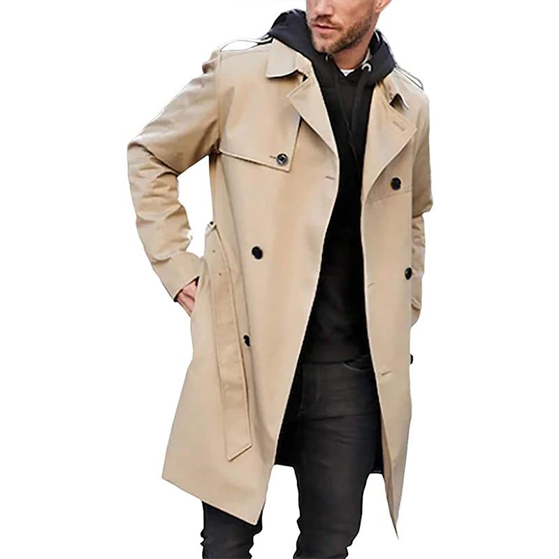 Men's Classic Trench Coat with Notch Lapels and Belt - Khaki