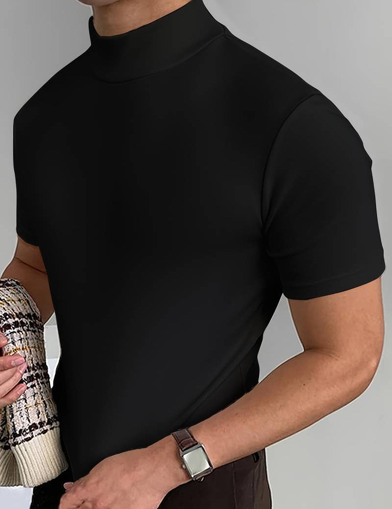 Men's Collared Short Sleeve T-Shirt - Slim Fit Cotton - Black