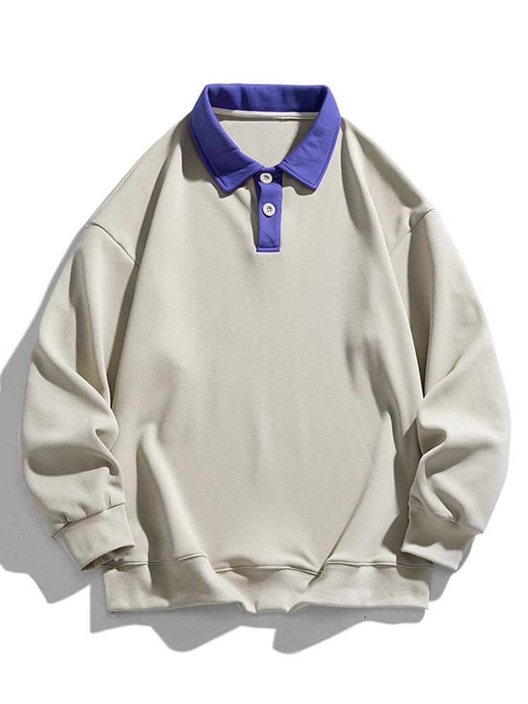 Men's Contrast Collar Polo Sweatshirt – Relaxed Fit Long Sleeve - Beige