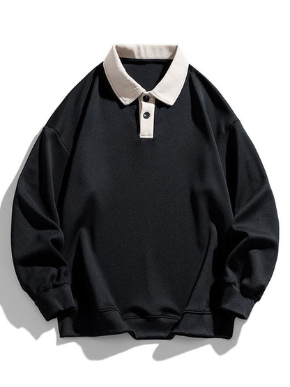 Men's Contrast Collar Polo Sweatshirt – Relaxed Fit Long Sleeve - Black