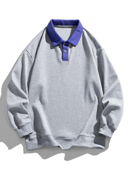 Men's Contrast Collar Polo Sweatshirt – Relaxed Fit Long Sleeve - Grey