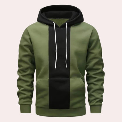 Men's Contrast Panel Pullover Hoodie in army green, Vertical Stripe Design