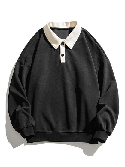 Men's Contrast Polo Collar Sweatshirt – Relaxed Fit Pullover - Black