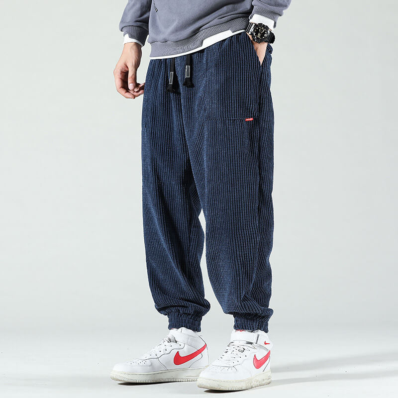 Men's Corduroy Cargo Pants - Relaxed Fit Casual - Blue