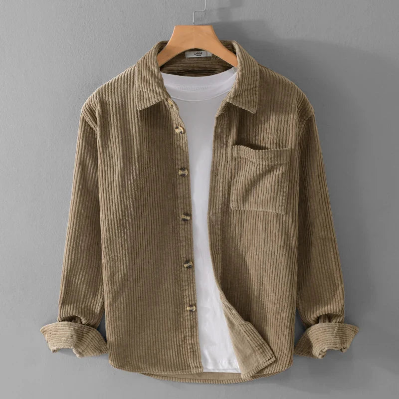 Men's Corduroy Shirt - Retro Long Sleeve - Khaki