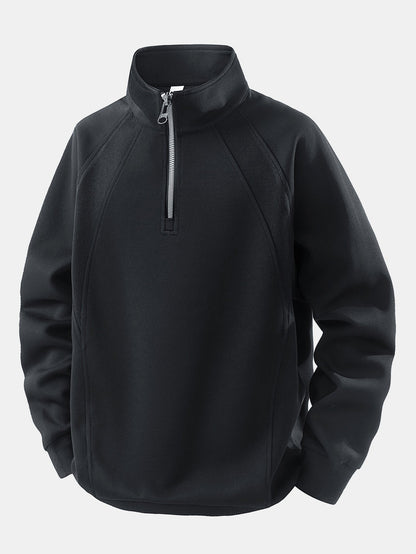 Men's Cotton Blend Quarter Zip Sweatshirt – Relaxed Fit Stand Collar - Black