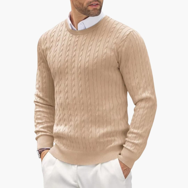 Men's Crew Neck Sweater - Classic Cable Knit - Beige