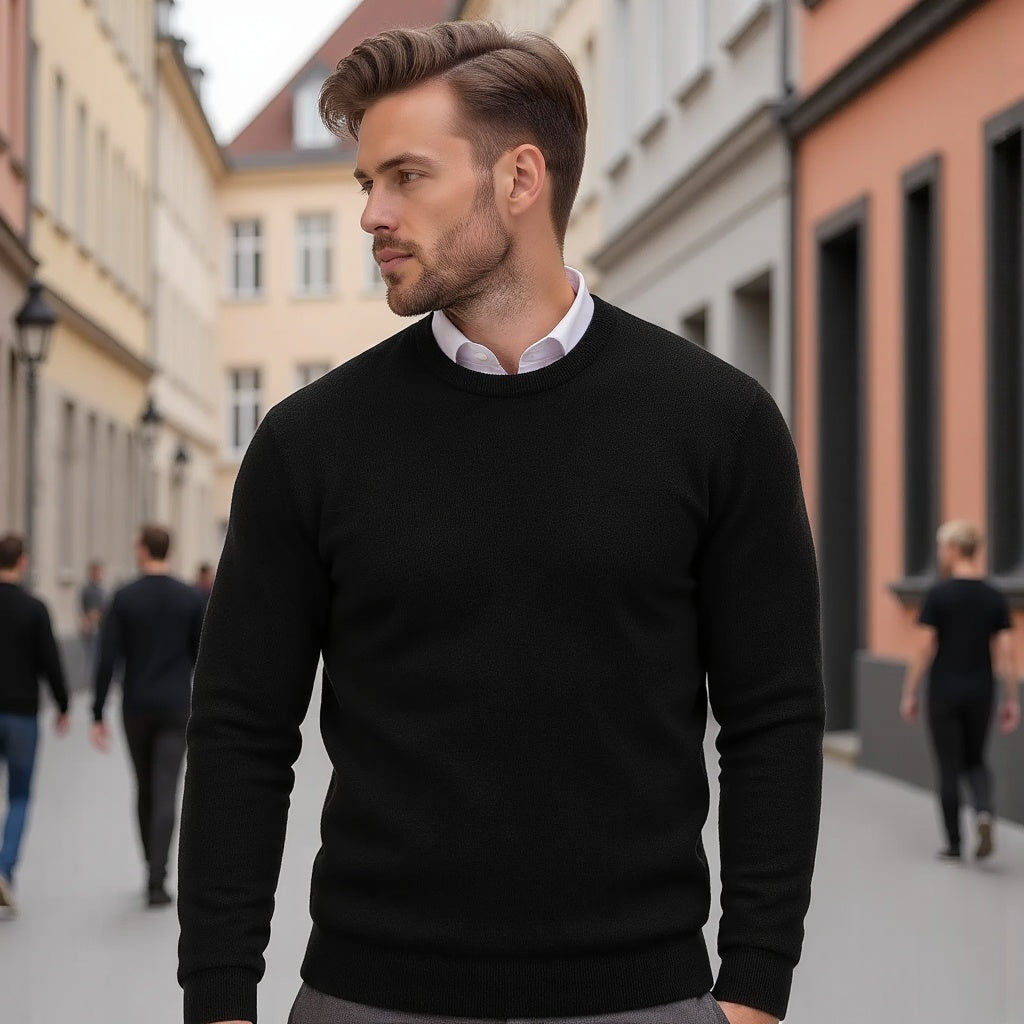 Men's Crew Neck Sweater - Solid Knit - Black