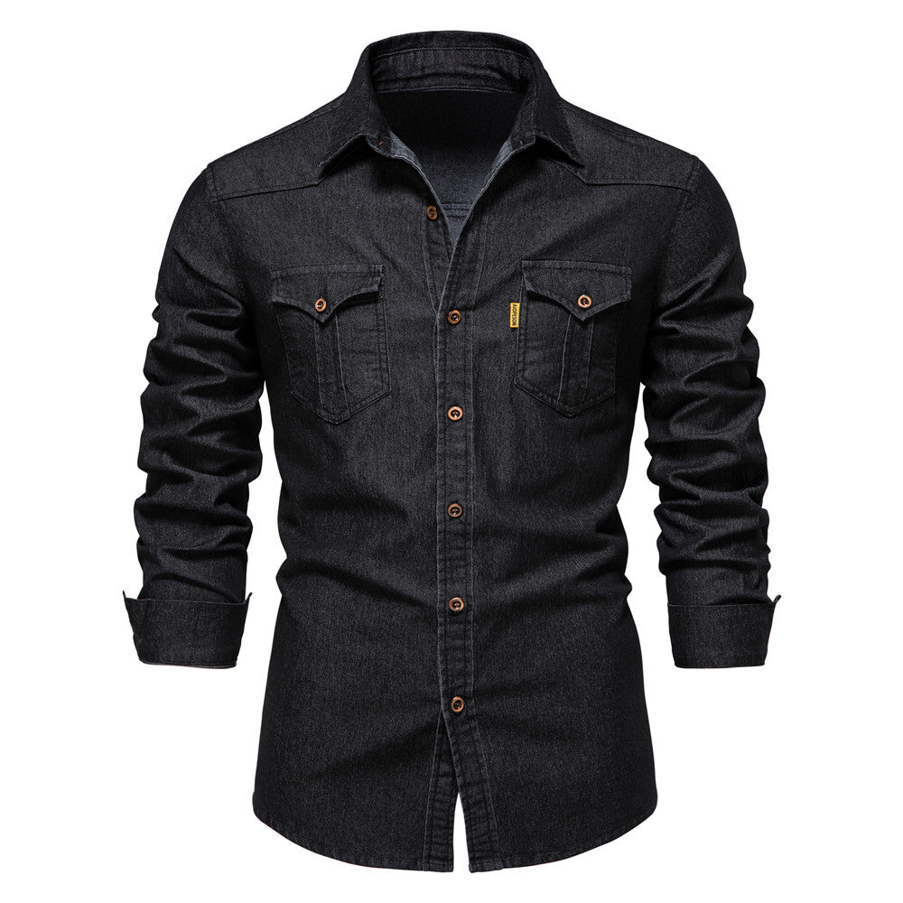 Men's Denim Shirt - Slim Fit Cotton Stretch - Black