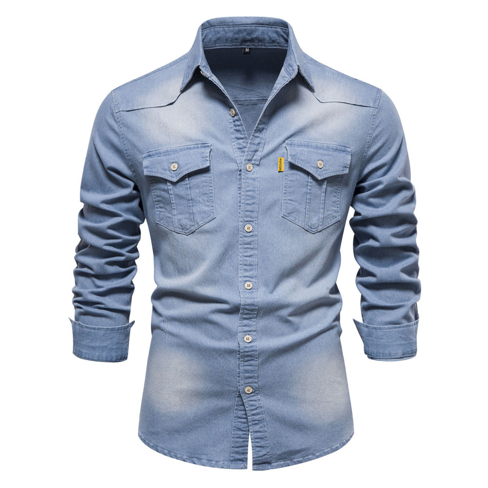 Men's Denim Shirt - Slim Fit Cotton Stretch - Light Blue