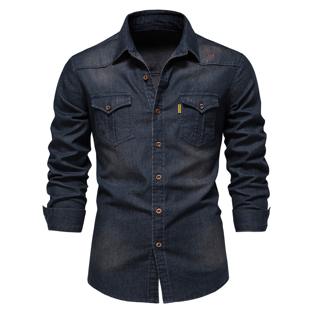 Men's Denim Shirt - Slim Fit Cotton Stretch - Navy
