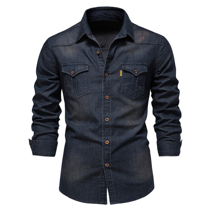 Men's Denim Shirt - Slim Fit Cotton Stretch - Navy