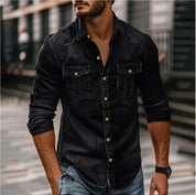 Men's Denim Shirt - Slim Fit Snap Button Western - Black