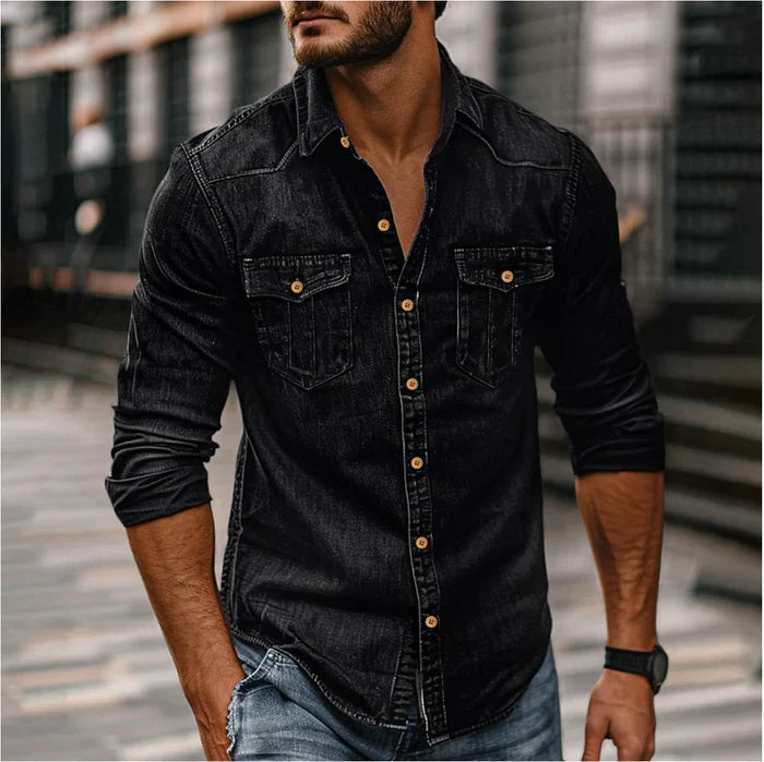 Men's Denim Shirt - Slim Fit Snap Button Western - Black