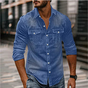 Men's Denim Shirt - Slim Fit Snap Button Western - Blue