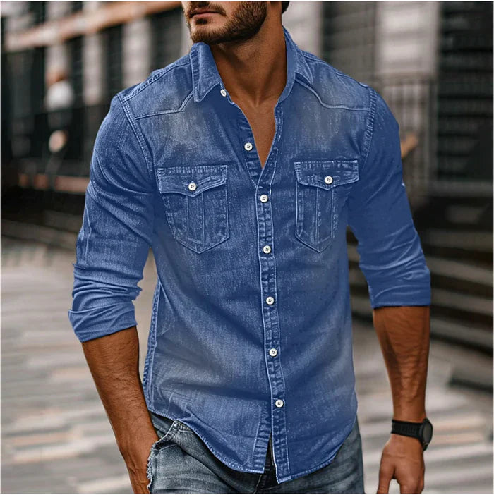Men's Denim Shirt - Slim Fit Snap Button Western - Blue
