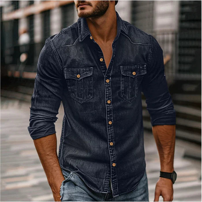 Men's Denim Shirt - Slim Fit Snap Button Western - Dark Blue