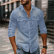 Men's Denim Shirt - Slim Fit Snap Button Western - Light Blue